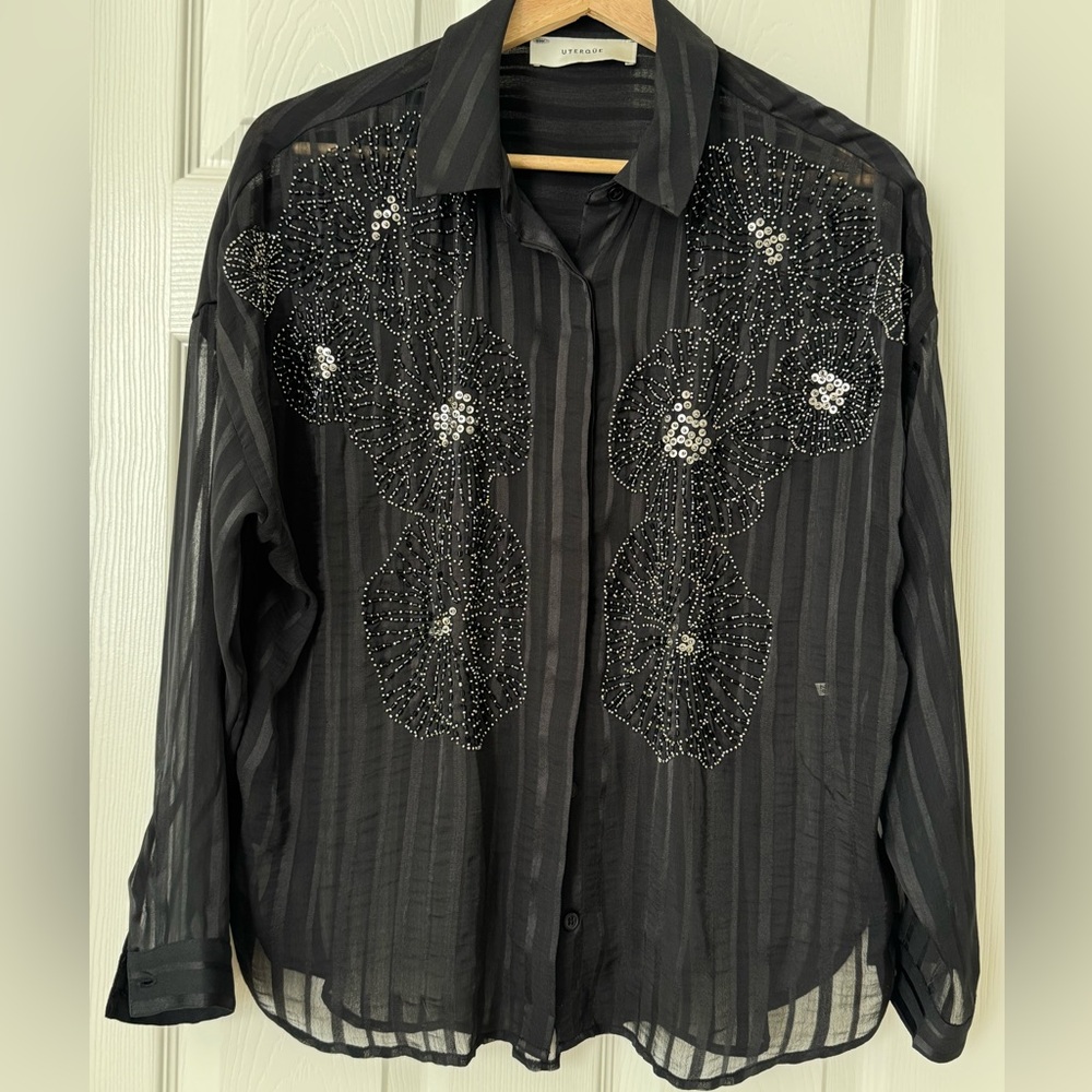 Uterque Black Striped Blouse with Silver Detailing